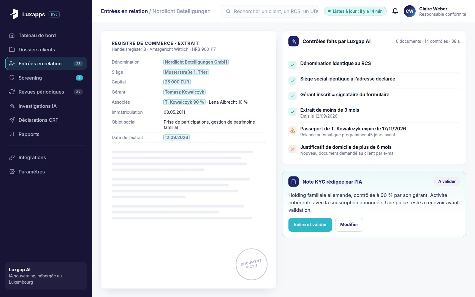 Extrait de registre de commerce contrôlé par Luxgap AI : six contrôles, une échéance de passeport et un justificatif trop ancien