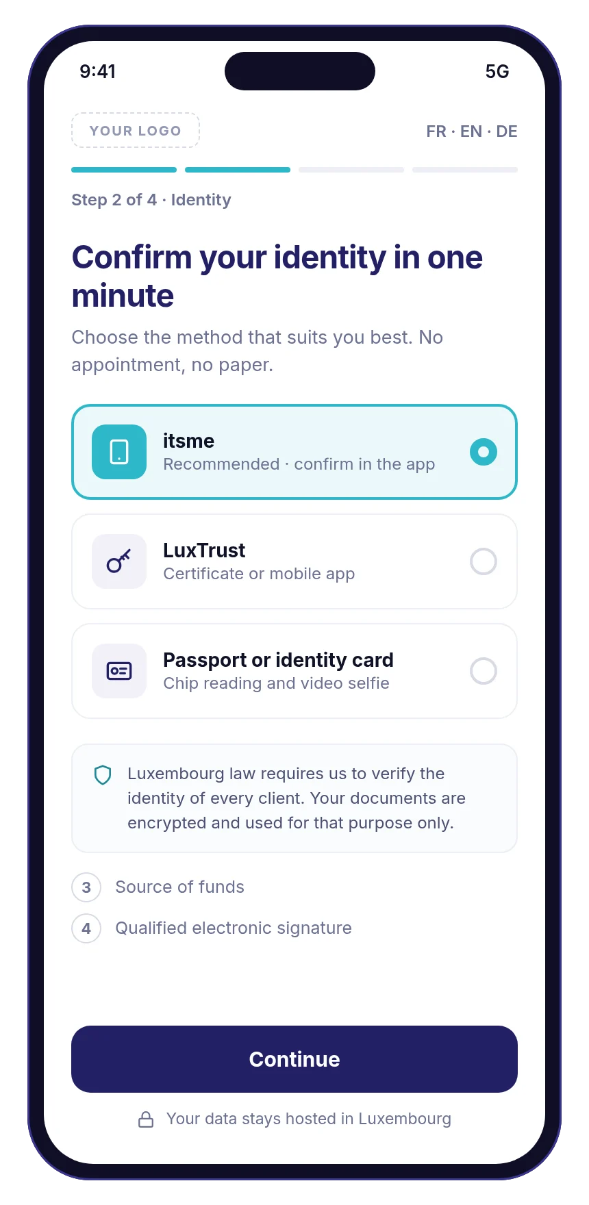 Mobile onboarding journey: choice of identity verification with itsme, LuxTrust or passport