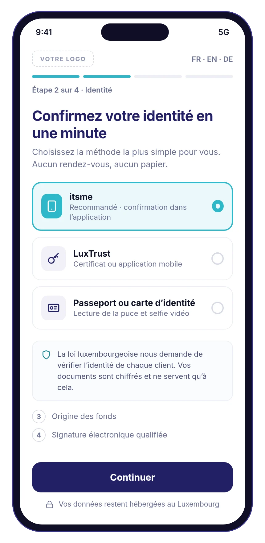 Parcours d'entrée en relation sur mobile : choix de la vérification d'identité par itsme, LuxTrust ou passeport
