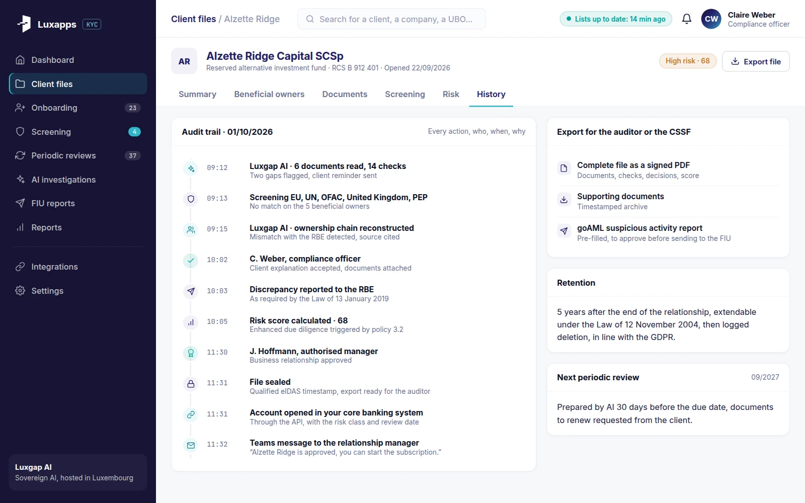Timestamped audit trail of a file, from the AI reading the documents to senior approval and account opening