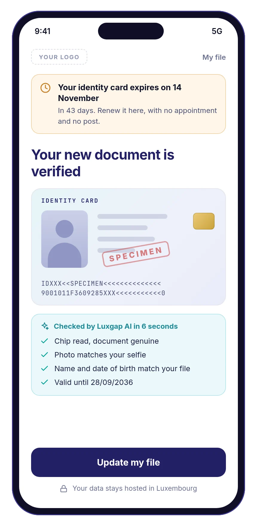 Client's mobile app: identity card about to expire, new document read and checked by Luxgap AI before the file is updated