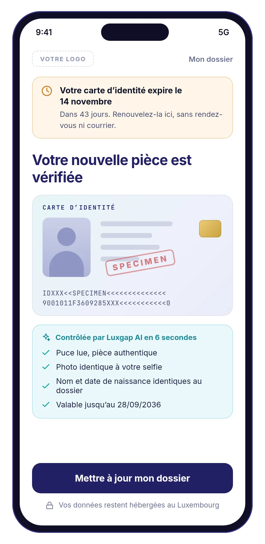 Application mobile du client : carte d'identité arrivant à échéance, nouvelle pièce lue et vérifiée par Luxgap AI avant la mise à jour du dossier